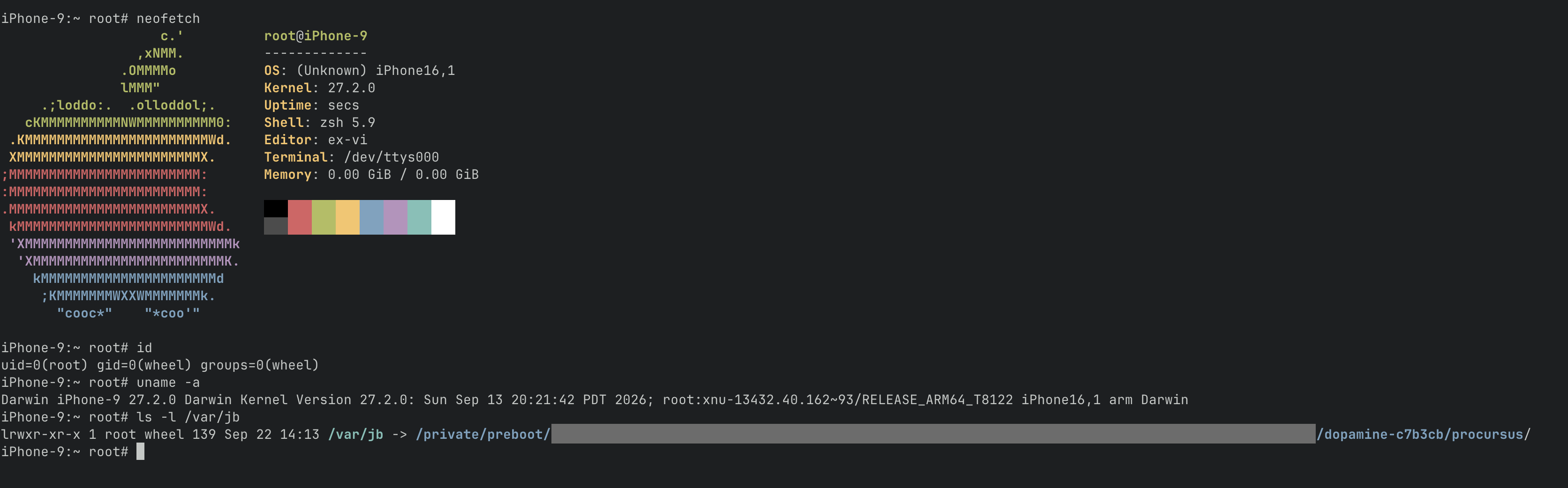 Root shell on my jailbroken iPhone 15 Pro: neofetch, id, uname -a and the /var/jb symlink