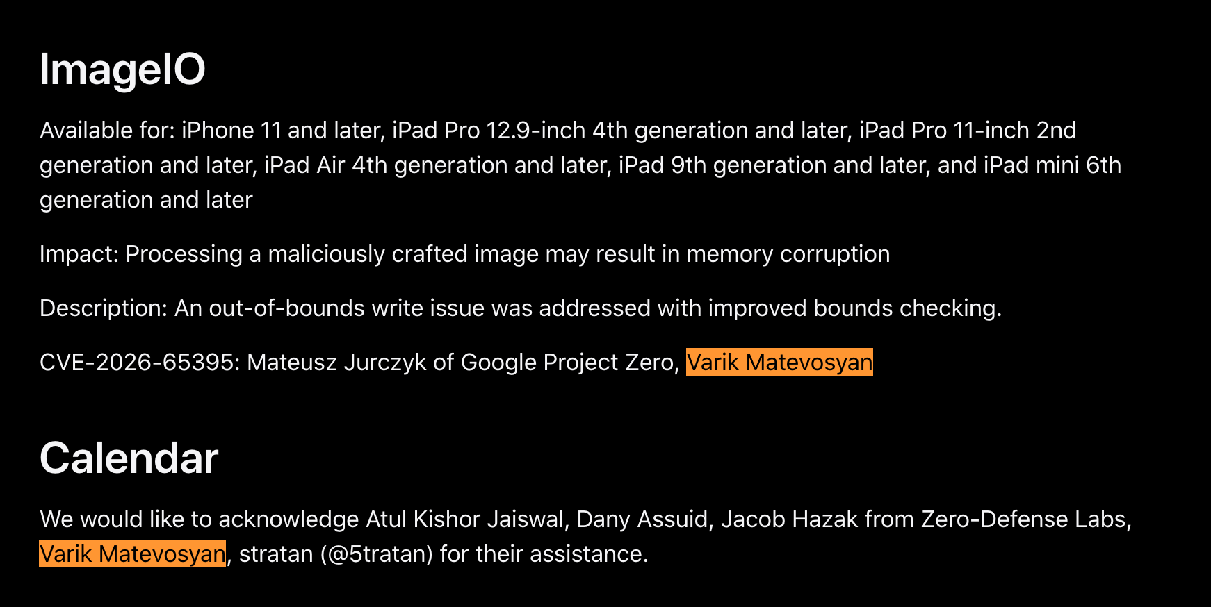 Apple security release notes: CVE-2026-65395 in ImageIO and the Calendar acknowledgement, both crediting Varik Matevosyan