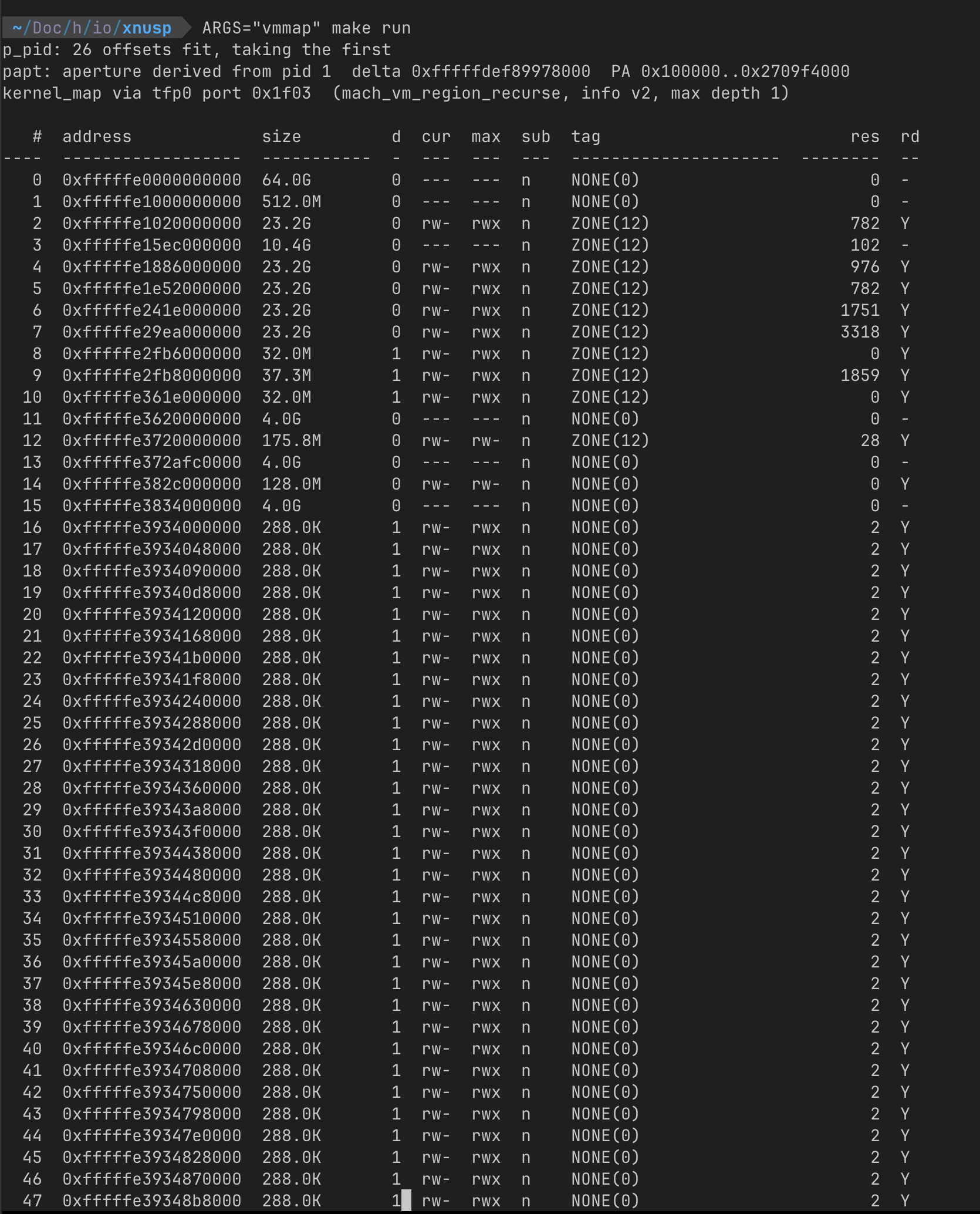 xnusp vmmap on a vphone VM: kernel_map regions read through tfp0, with protections, zone tags and resident pages