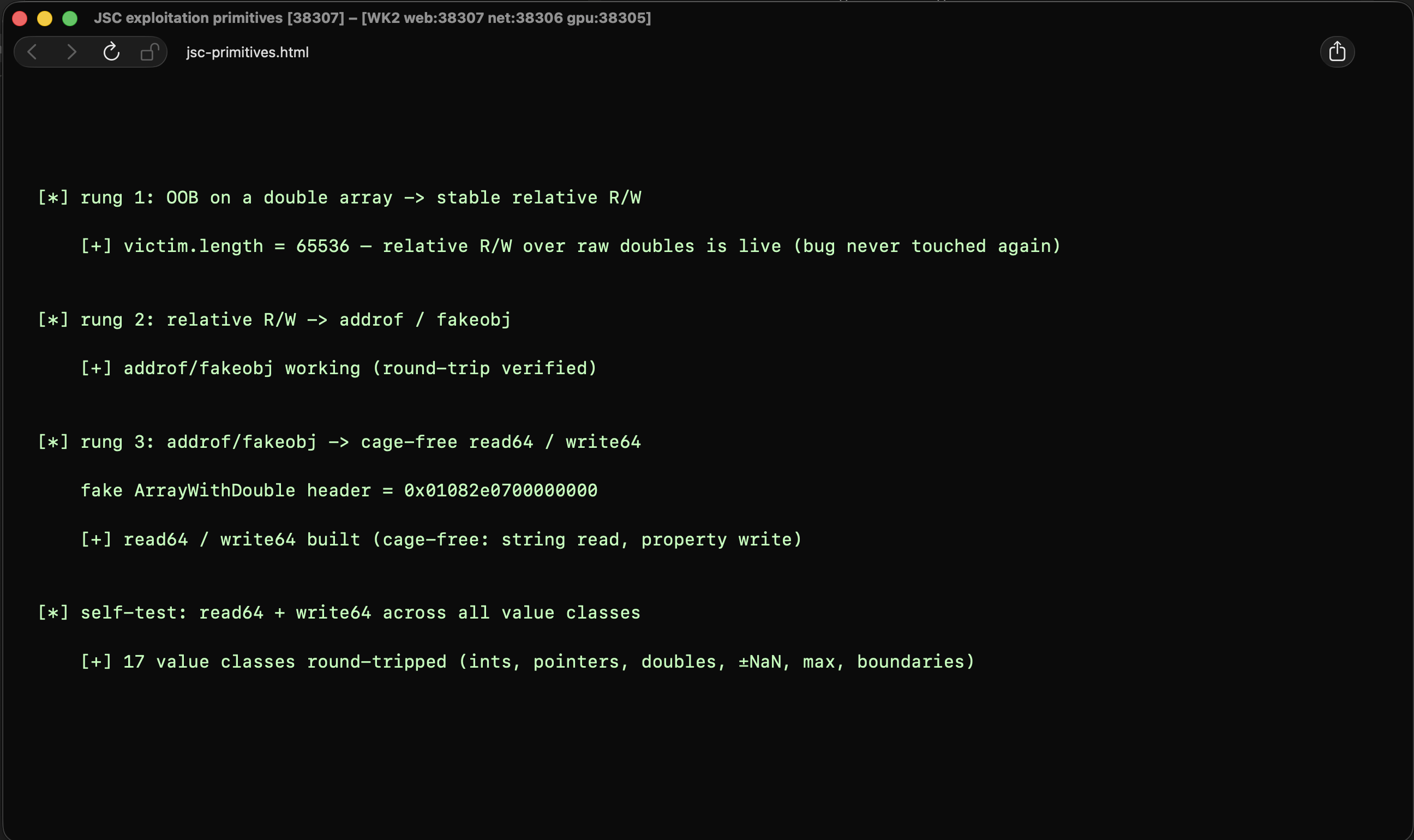 JSC exploitation primitives running in a WebKit content process via MiniBrowser - rungs 1 through 3 and the full read64/write64 self-test passing