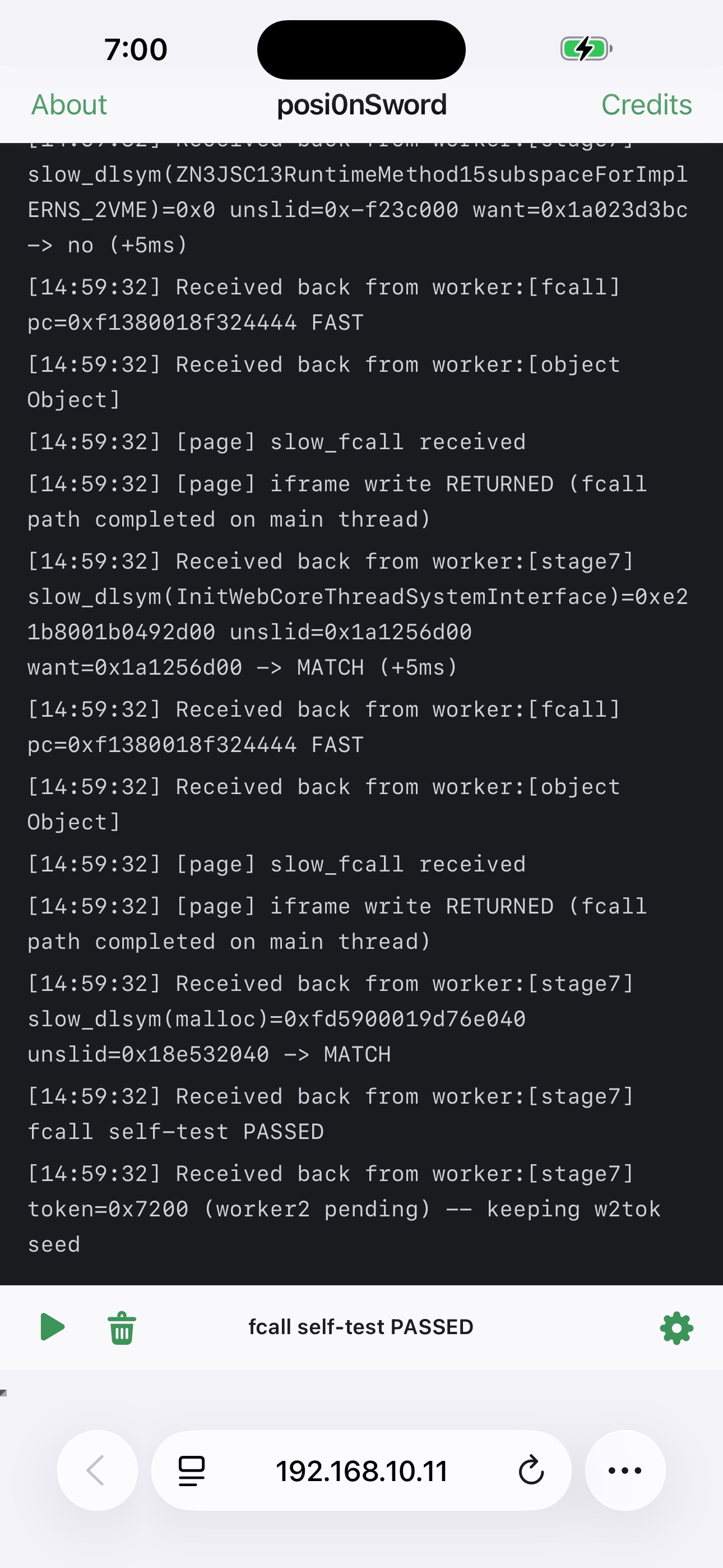 The chain running to completion on the research device (vphone): the dark console scrolls through the wake logs and the status bar settles on fcall self-test PASSED