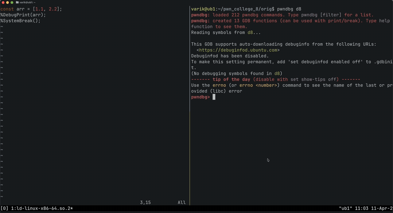 GDB with the job command showing V8 object internals - run job on a JSArray to see its map, elements, and length fields