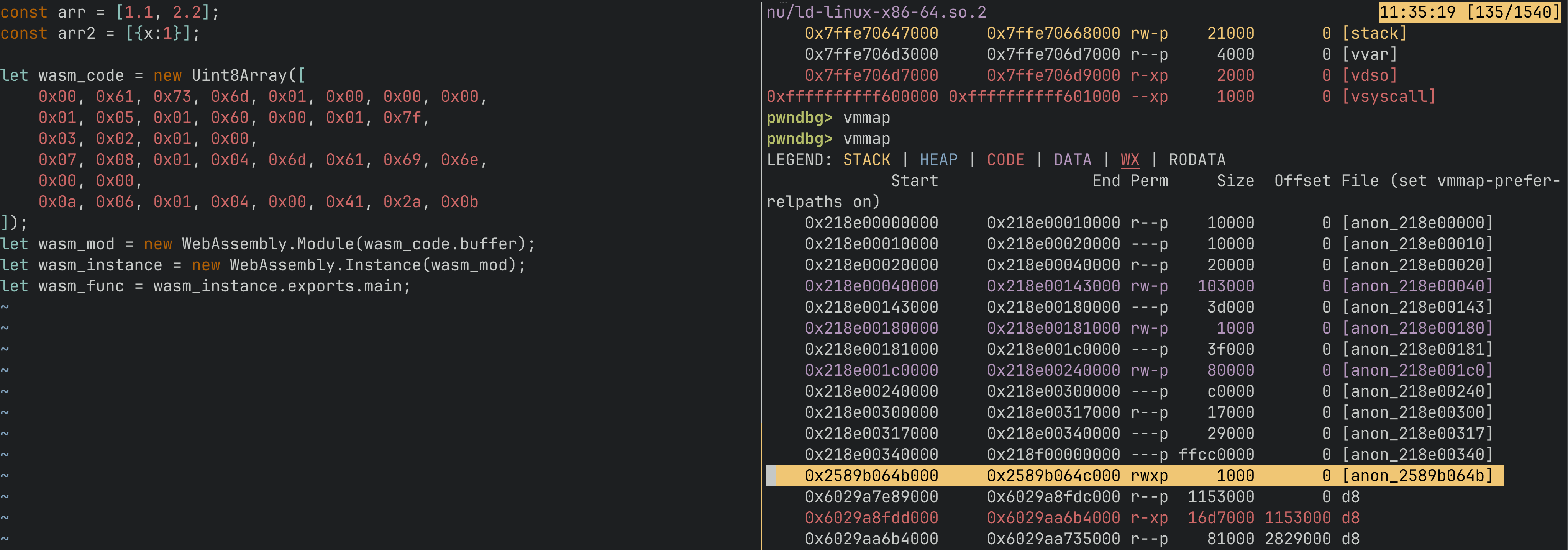 vmmap showing the RWX page allocated after creating a Wasm module